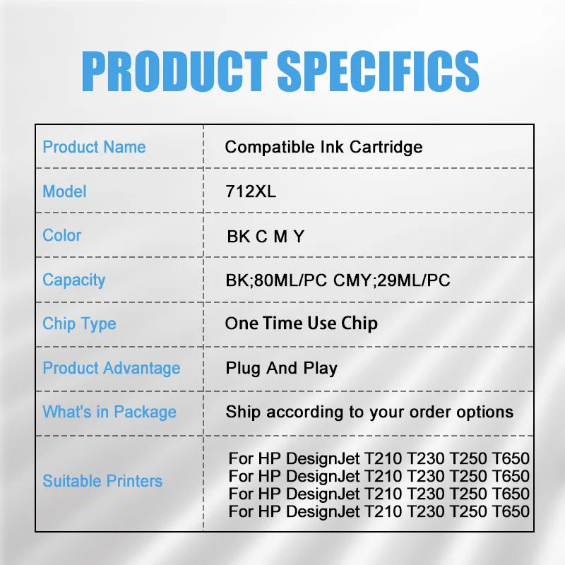 712XL 712 Compatible Ink Cartridge Remanufactured For HP DesignJet Pro T210 T230 T250 T630 T650 Printers 3ED71A 3ED67A Inks