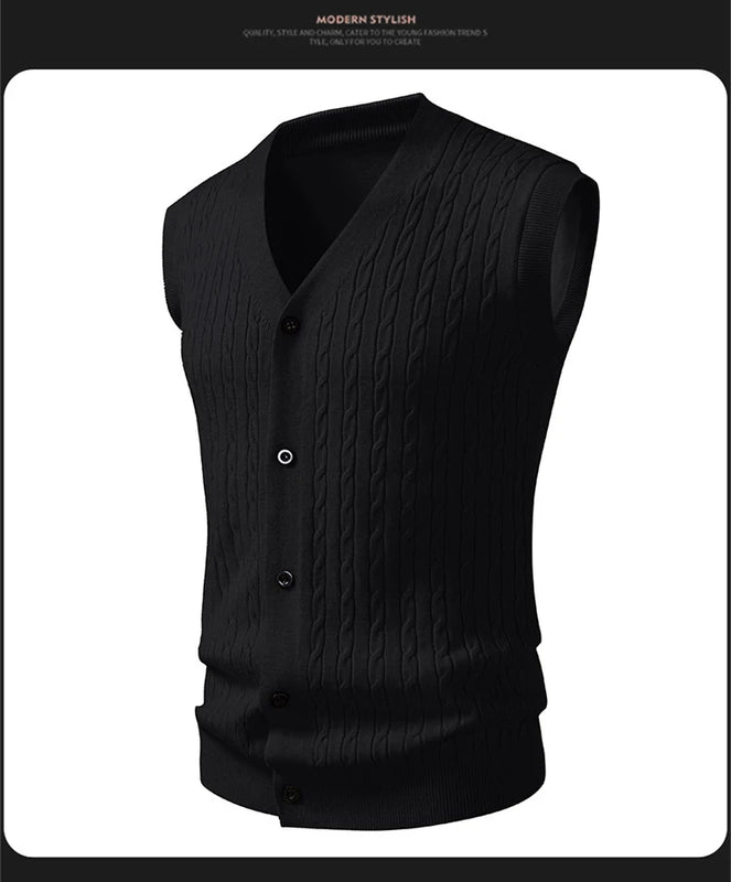 Beige Men's Sleeveless Knit Vest; Pullover Vests for Fall and Winter, Available in Yellow, Gray, Khaki, and Blue.