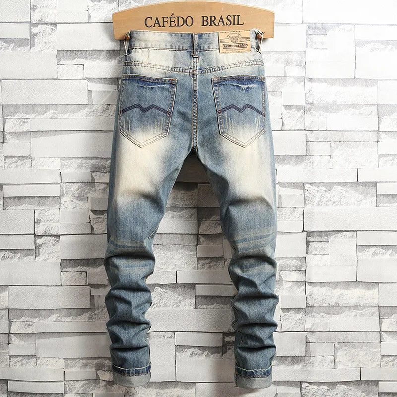 Distressed Ripped Jeans Men's Retro Blue Fashion Slim | SAMAG