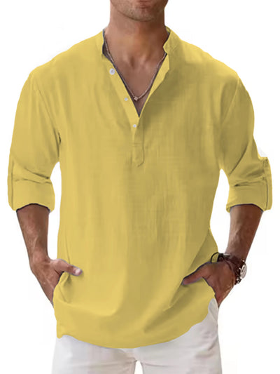 Men's Cotton Linen Henley Shirt Casual Long Sleeve Loose | SAMAG