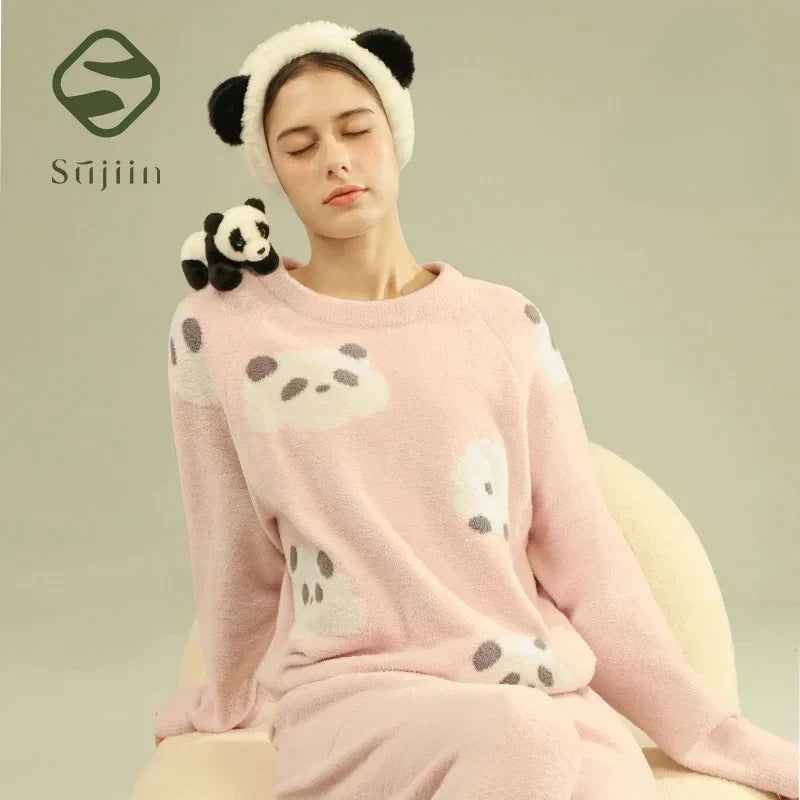 SUJIIN Women's Cute Pajamas Sets Autumn Winter Panda Graphic Sleepwear for Women Men Couple Loungewear Suit Home Clothes SH001