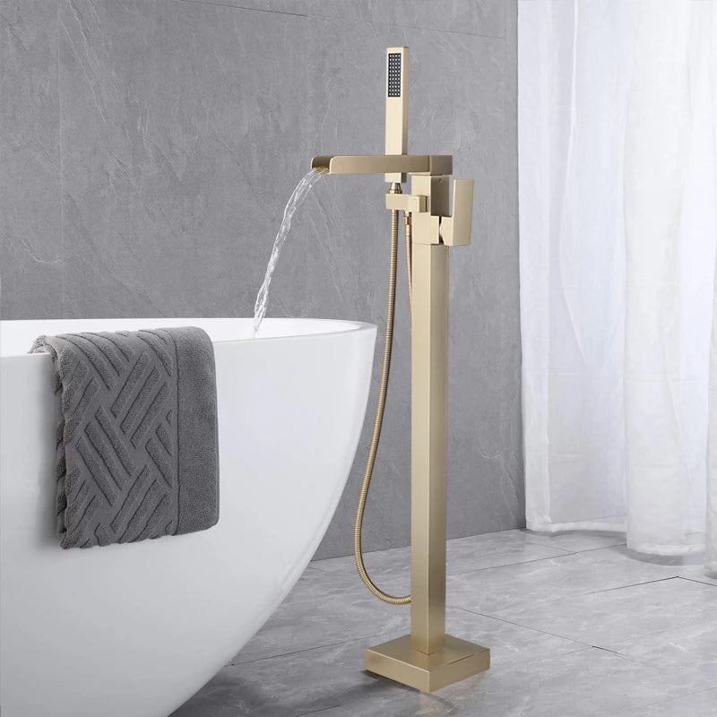 KEMAIDI Freestanding Bathtub Faucet Tub Filler High Flow Waterfall Bath Filler Brushed Gold Tub Faucets with Hand Shower Tap