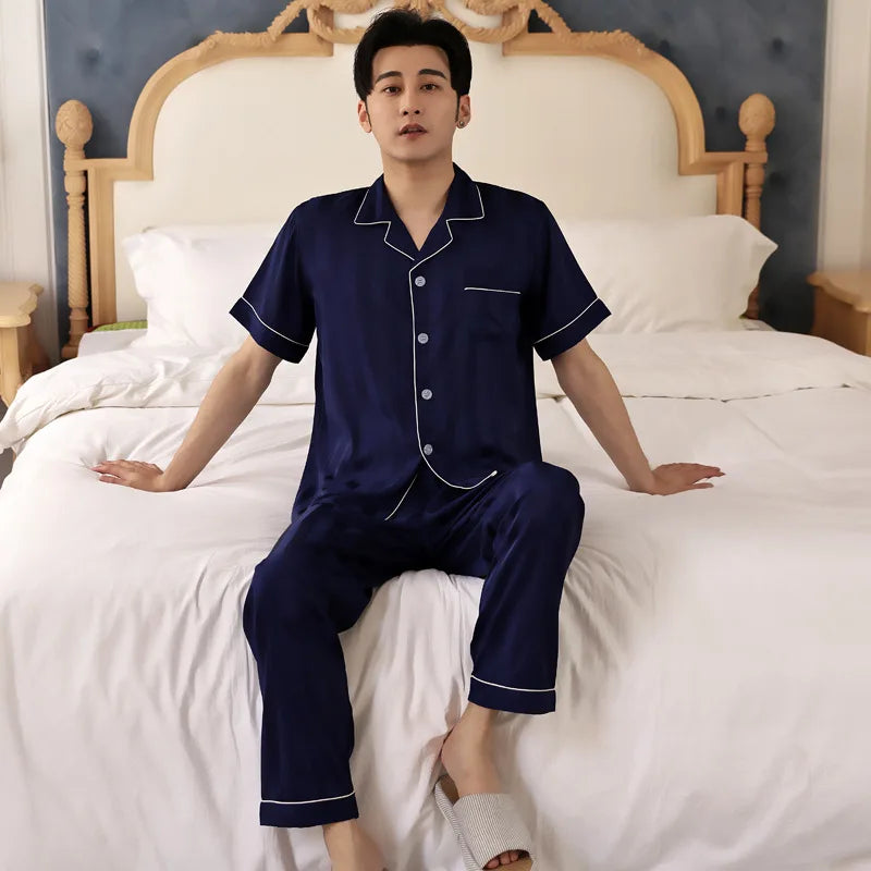 White Striped Men Pajamas Suit Short Sleeved Long Pants Thin Ice Silk Sleepwear Summer Satin Silk Home Clothing Set Pyjamas Male