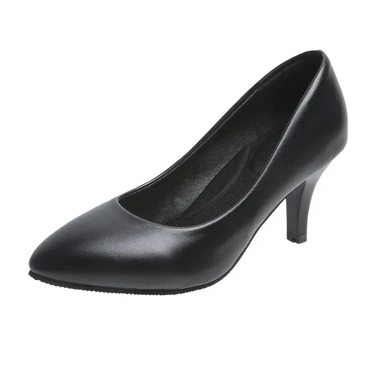 2023 New Women's High Heels Pointed Toe Professional Versatile Work Shoes Black Leather Single Shoes Polyurethane Sole