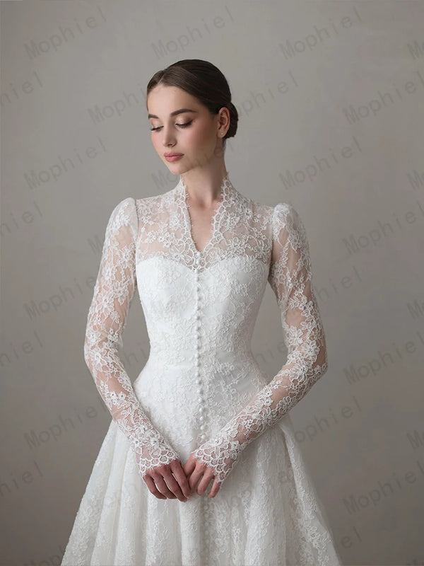 Mophiel Lace Weddings Dresses High Collar Long Illusion - View 4 | SAMAG