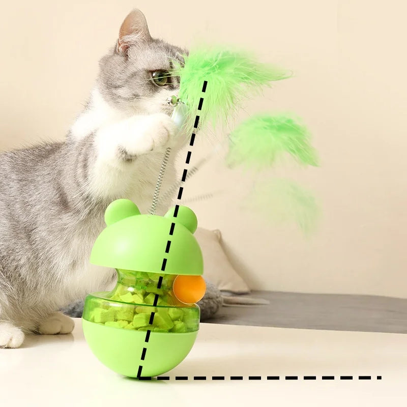 Frog Wobbler Cat Toy with Feather Teaser Spin Tipping Motion Treat Dispenser Self Feeder for Indoor Solo Play