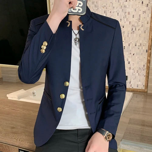 Black Stand-up Collar Men Retro Suit Jacket, Asian Size Slim-fit Blazer Coat, Single-Breasted Long-Sleeved Overcoat M-5XL
