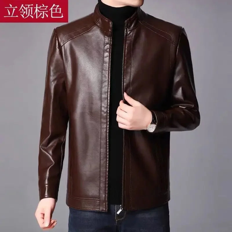 Faux Leather Men Jackets Coats Stand Collar Zipper Coat Solid Casual Regular Splice Simple Jacket Outerwear Autumn Winter