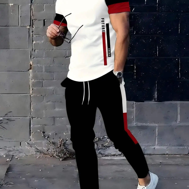 Men's summer new striped letter print refreshing and breathable round neck T - shirt pants set outdoor - View 7 | SAMAG