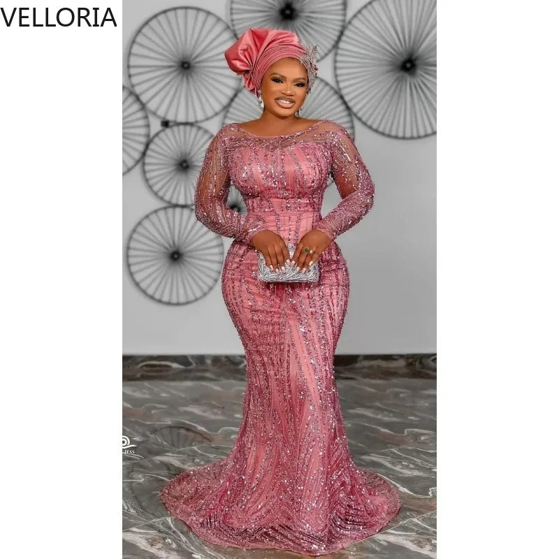 Rose Pink Aso Ebi Mermaid Evening Gowns Beaded Long | SAMAG