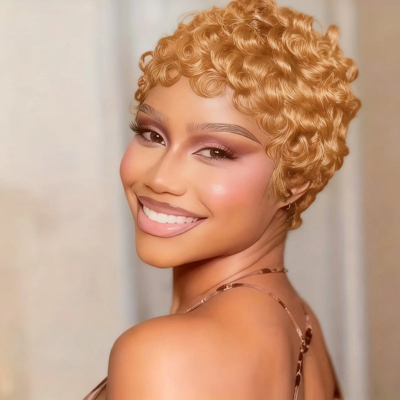 Brazilian Human Hair Wig Short Pixie Cut with Bang Loose curly Hair for Daily Wear Women Full Machine Wig