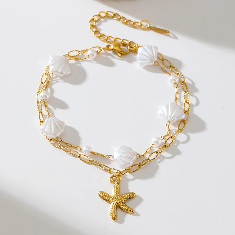 GANPUP 316L Stainless Steel Delicate Pearl Starfish Charms Bracelet For Women Texture Waterproof Wrist - Visuel 7 | SAMAG