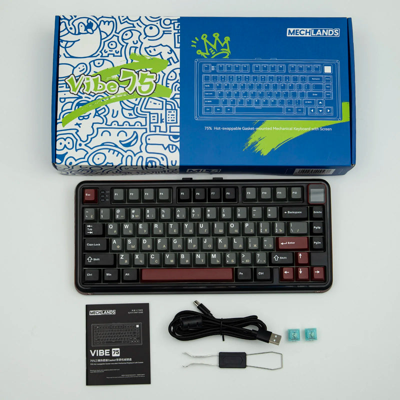 RU Layout MechLands Vibe 75 V2 Russian Version 75% Compact Layout Wired/BT/2.4GHz Wireless Mechanical Keyboard RGB Backlight TFT Screen