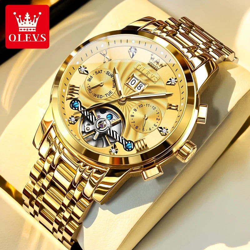 OLEVS 9910 Original Men's Automatic Mechanical Watch Luxury Skeleton Stainless steel Waterproof Luminous Watches