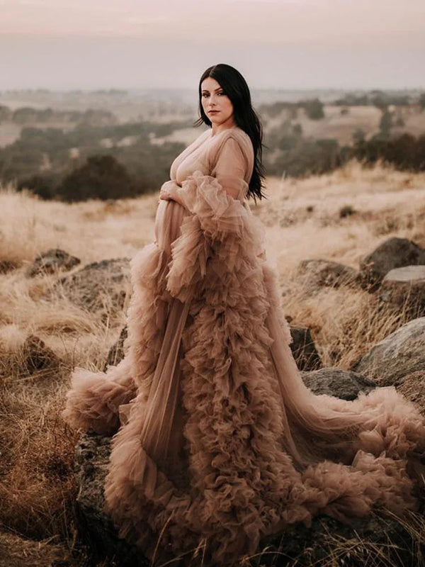 Women's Dressing Gown Perspective Sheer Long Tulle Robe Puffy Pregnancy Maternity Dress for Baby Shower Nightgown Sleepwear