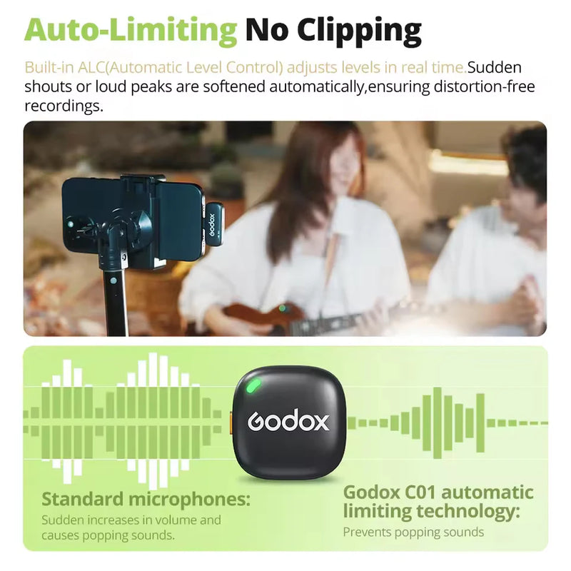 GODOX C01 Kit2 Wireless Lavalier Microphone with Charging Case for Smartphone Mic with 200ft Range for Vlog Shooting Commuticate