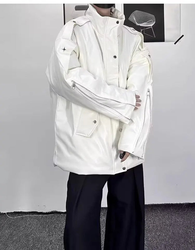 2025 Autumn Winter Fashion Motocycle Zipper PU Leather Jacket Cargo Jacket Men Hip Hop Punk Oversized 2025 New Coats