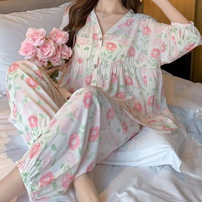 Cotton Sleepwear Big Size Cardigan Seven-minute Pants | SAMAG