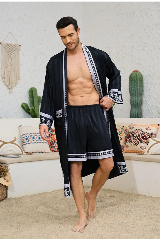 Spring Summer Men Pajamas 2PCS Robe Shorts Set Baroque Style Satin Kimono Bathrobe Nightgown Home Clothing Loungewear MY1170