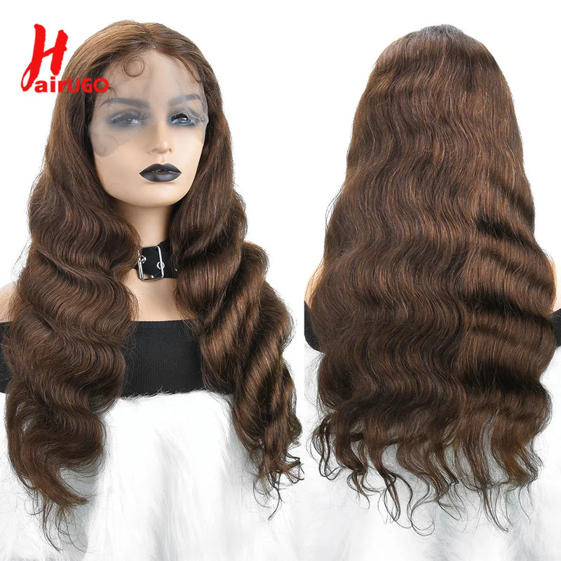 HairUGo 4# Brown Body Wave Lace Closure Human Hair Wigs T Lace Part Wigs Peruvian Hair Chocolate 4x4 Lace Closure Wigs For Women