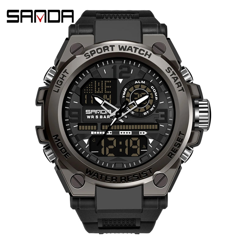 SANDA 6024 Men Sports Quartz Watches Dual Display LED Electronic Digital Wristwatches Waterproof Watch Relogios Masculino