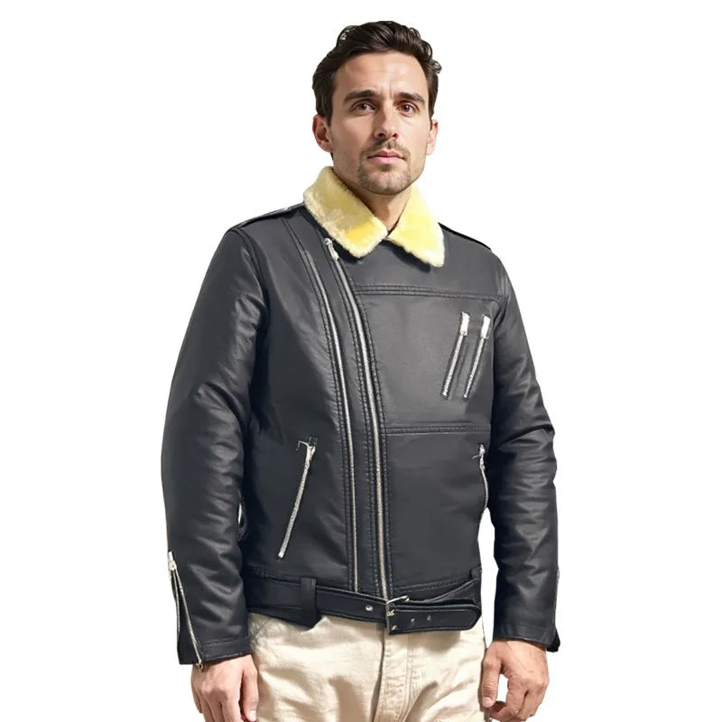 Thick-fibered fur coat for men Fur leather integrated Washed PU leather jacket for men, thick and suitable for motorcycle wear