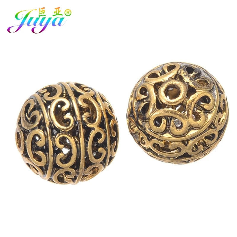 Juya 10 20Pcs/Lot 12mm Engrave Perles Hollow Antique Gold Silver Plated Metal Beads For DIY Women Men Beadwork Jewelry Making