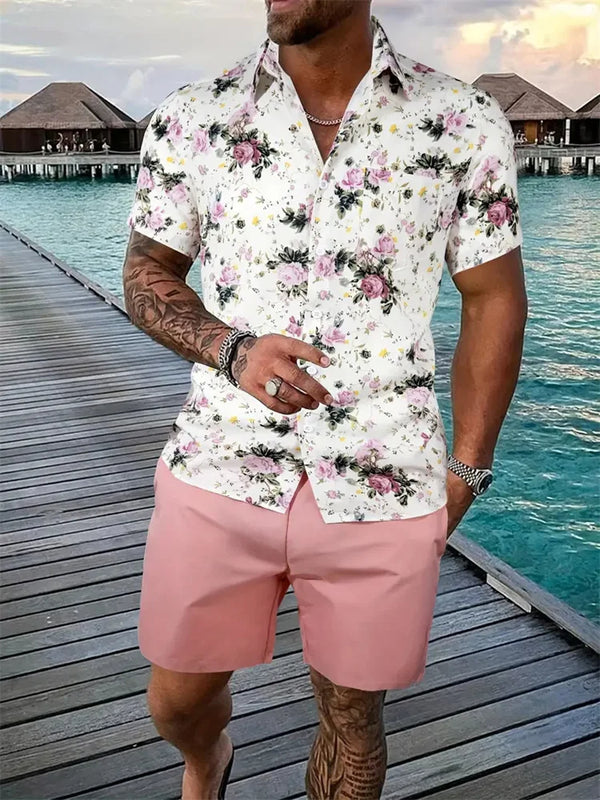 Men's Shirt Shorts Set Two Piece 3D Leaf Print Sleeve | SAMAG