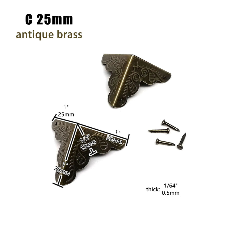 12pcs Decorative Jewelry Chest Wine Gift Box Wooden Case Antique Brass Golden Furniture Corner Protector Cover with Screws Nails