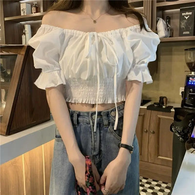 Summer Off Shoulder Lace Up Short Sleeve Blouse Women | SAMAG