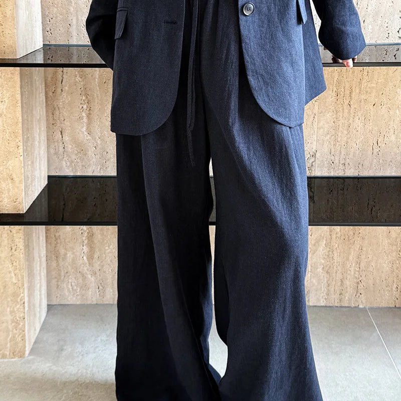 Autumn Hig-end Linen Material Blazer Jacket Sets Women 2025 Summer New Loose Wide Leg Casual Pant Ladies Clothing Office Lady