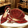 2026 Italian Peach Gold Rhinestone HAND CRAFTED UPPER Pointed Toe Women High Heels Shoes and Bag Set Elegant Party Shoes