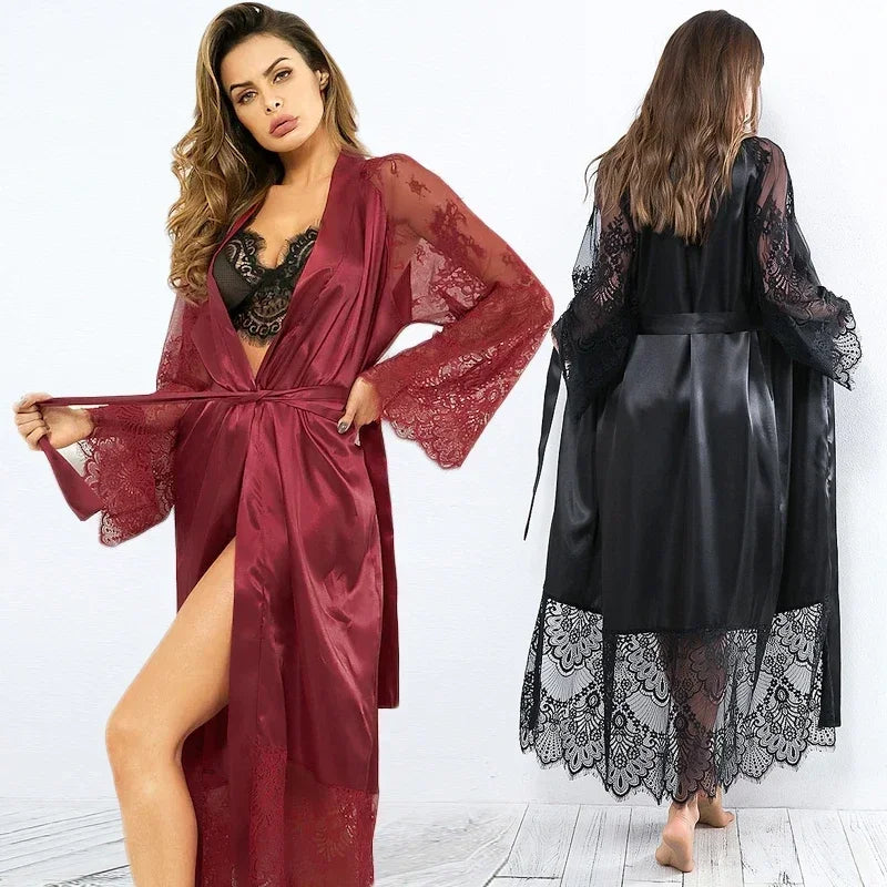 Sleepwear Women's Bathrobe Sexy Lingerie Lace Satin | SAMAG