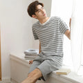 Men's Summer Pyjamas Set: Short-Sleeved Top and Shorts Youthful Student Style with Cartoon Stripes Summer Homewear Ensemble