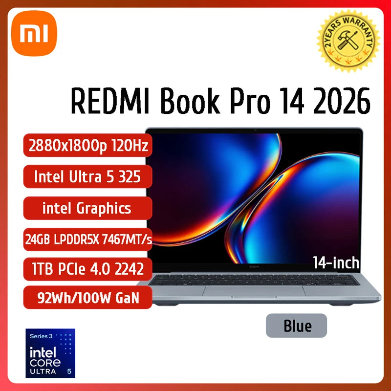 Xiaomi REDMI Book Pro 14 Laptop 2026 Ultra5-338H/Ultra7-358H 32GB+1TB 14inch Screen Blue Notebook Xiaomi
