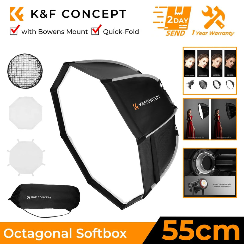90cm/65cm/55cm Octagonal Softbox Quick Release Bowens Mount with Honeycomb Grid Light Diffusers for Photography Studio Flash