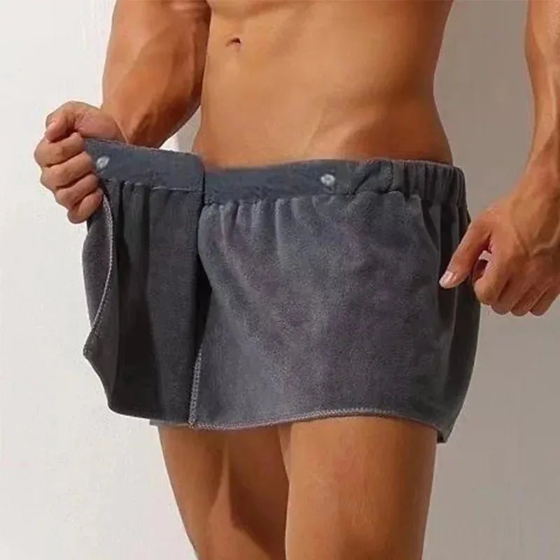 Sexy Sleep Bottoms Microfiber Pajamas Men Nightwear Short Towel Pants Side Split Bathrobe Culottes Soft Thick