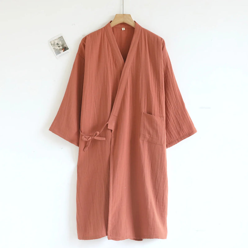 2026 New Men's 100% Cotton Gauze Bath Robes Loose Thin Japanese Kimono Pajamas for Men Casual Lace Up Bathrobes V-Neck Nightgown