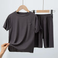 2-piece Summer Children's Solid Color Ice Silk Suit Boys Casual Fashion Cool Short-sleeved Girl Han Fan Joker Shorts Home Clothe
