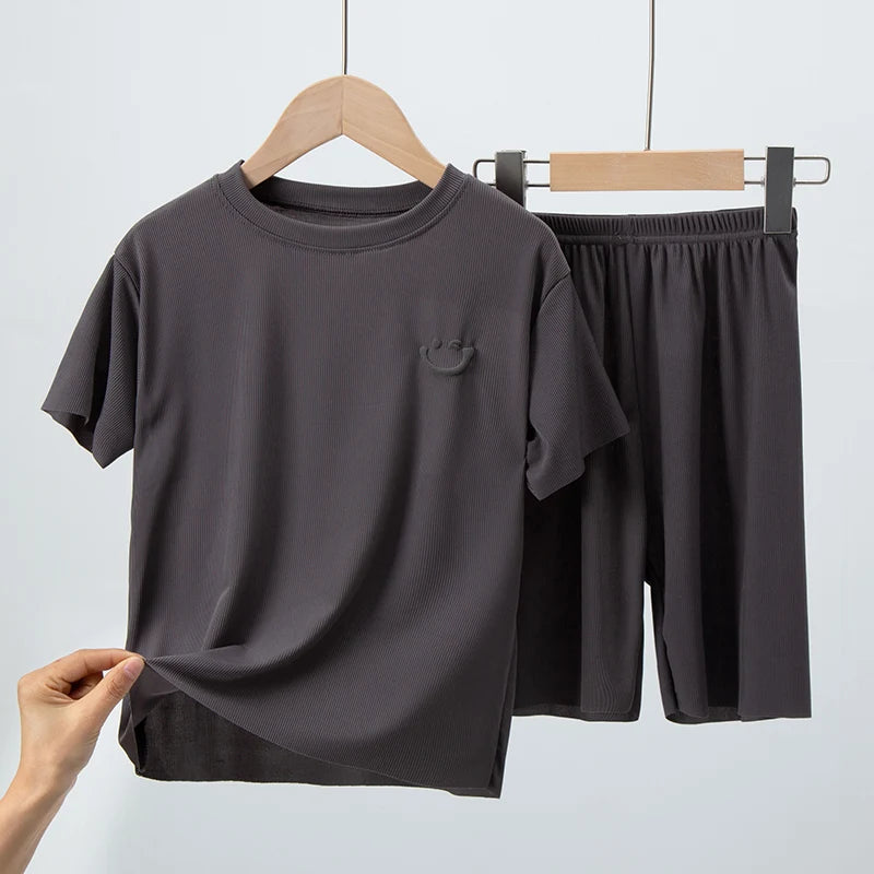 2-piece Summer Children's Solid Color Ice Silk Suit Boys Casual Fashion Cool Short-sleeved Girl Han Fan Joker Shorts Home Clothe