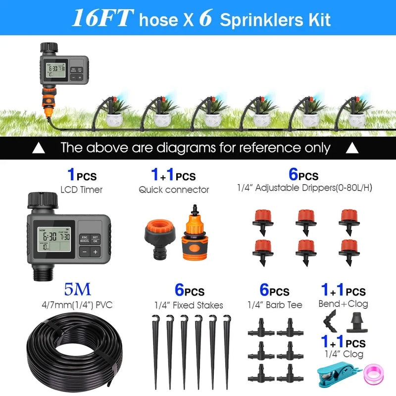 30-5m Garden LCD Button Timer Irrigation Set 0-80L/H Rotating Adjustable Nozzle Intelligent Display Automatic Watering System