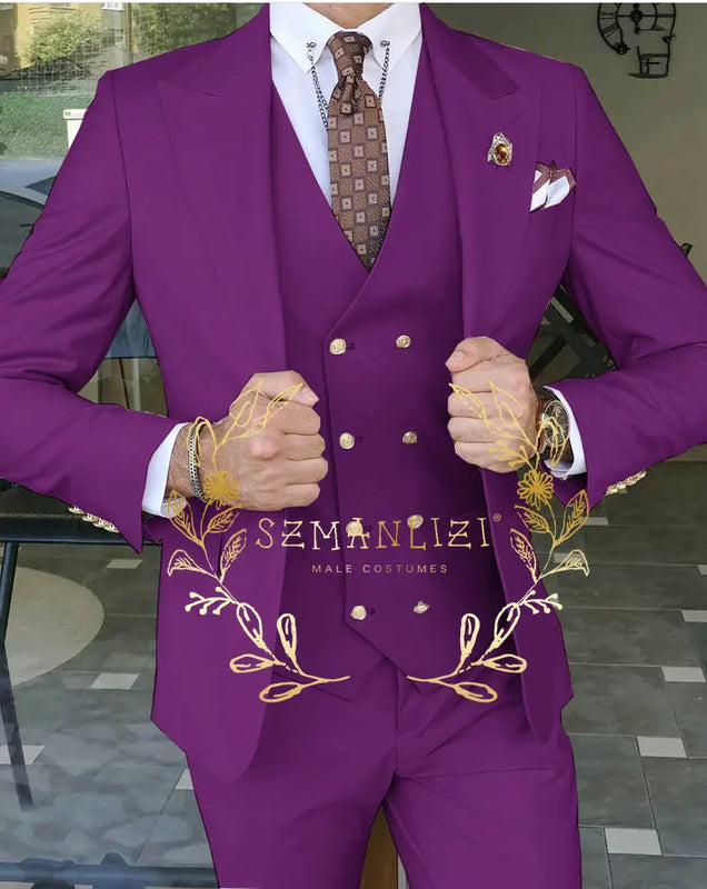 Beige Business Suits For Men Tuxedos Gold Buttons Groom Groomsman Prom Wedding Party Formal 3 Pieces Sets - View 6 | SAMAG