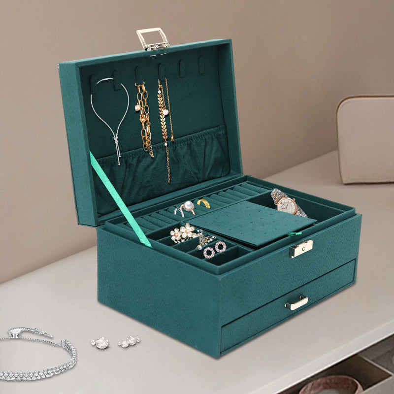 3 - Tier Dark Green Jewelry Box Organizer with 15 Ring Slots 10 Earring Hooks 18 Stud Holes Drawers for - Visuel 5 | SAMAG