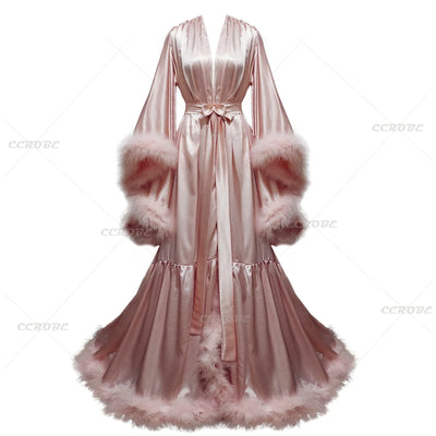 Bathrobe for Women Flare Sleeves Feather Bridal Robe | SAMAG