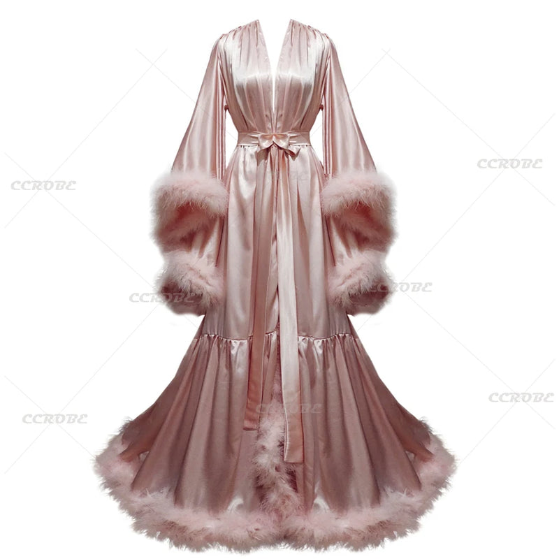 Bathrobe for Women Flare Sleeves Feather Bridal Robe Nightgown Silk Illusion Long Wedding Scarf Dressing Gown Photography Dress