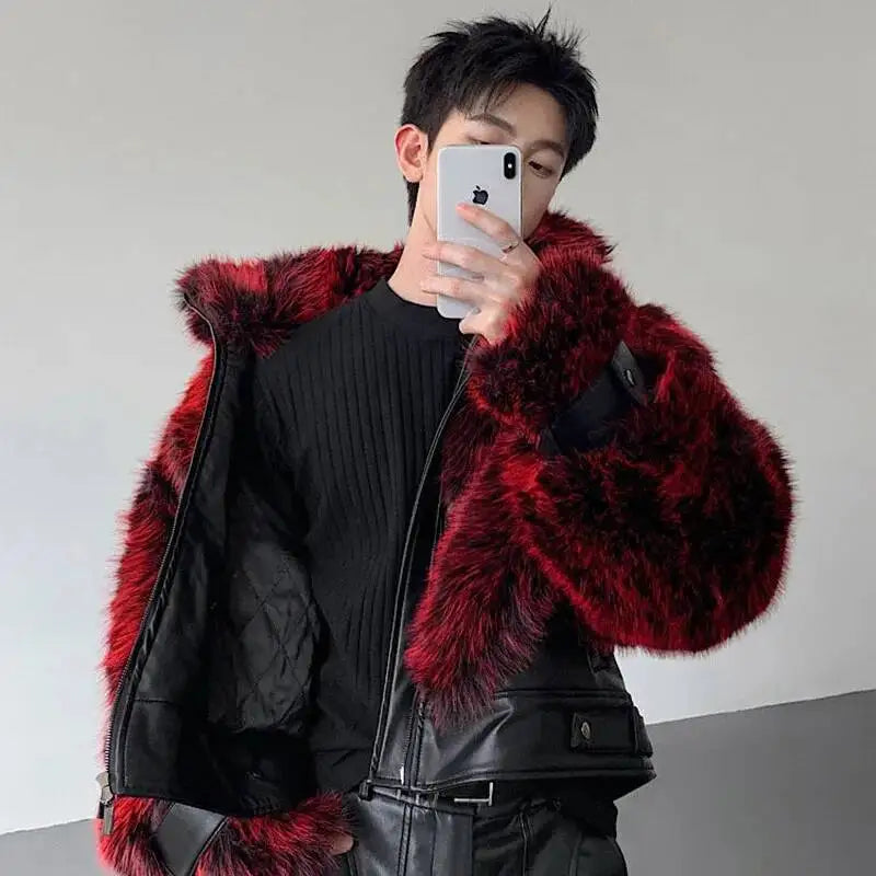 2025 Red Faux Patchwork PU Leather Men Women Fashion Elegant Thick Warm Winter Fur Coat Furry Short Jacket