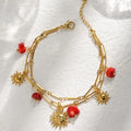Stainless Steel Red Natural Stone Sun Pendant Double Bracelet Simple Irregular Chain Gold Women Jewelry Birthday Gift