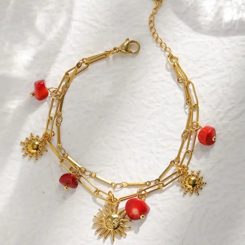 Stainless Steel Red Natural Stone Sun Pendant Double Bracelet Simple Irregular Chain Gold Women Jewelry Birthday Gift