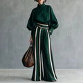 Stand Collar Top & Flare Pants Suits Women Lantern Sleeve Pocket Contrast Two Piece Set High Waist Resort Casual Matching Outfit