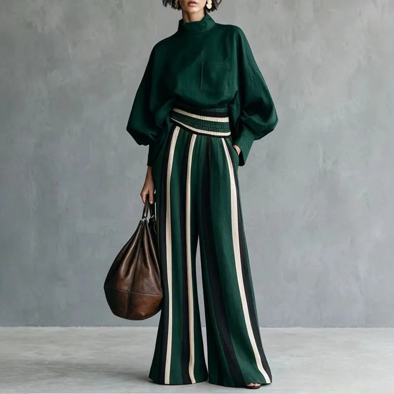 Stand Collar Top & Flare Pants Suits Women Lantern Sleeve Pocket Contrast Two Piece Set High Waist Resort Casual Matching Outfit